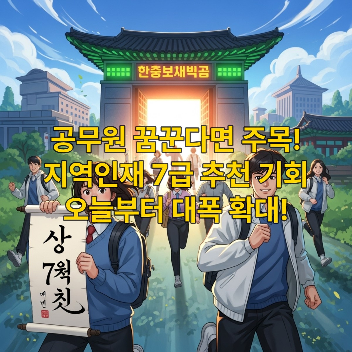지역 대학생들이 공직 진출의 문인 '지역인재 7급' 표지판이 걸린 빛나는 문을 향해 희망차게 달려가는 모습