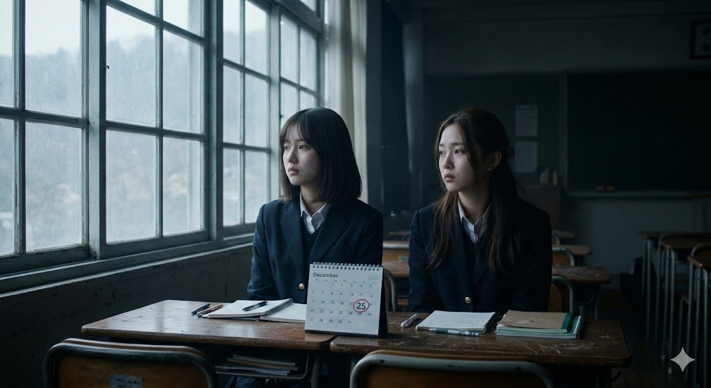 Alt text: Two young female students sitting in a dark classroom, looking out the window with a melancholic expression and a calendar marked December 25th on the desk.