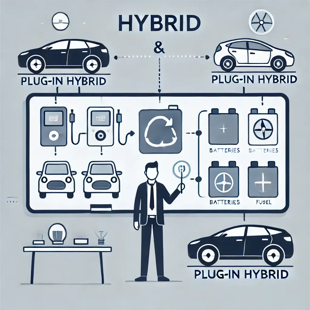 하이브리드 차량 개념을 설명하는 사람의 그림.