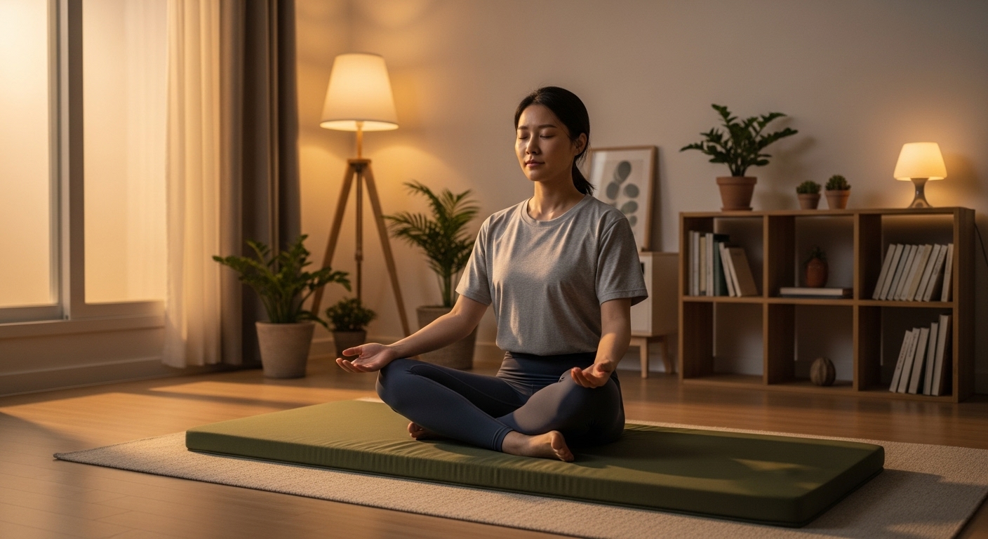 이른 새벽, 아파트 거실에서 조용히 홈트레이닝을 하고 있는 사람의 모습