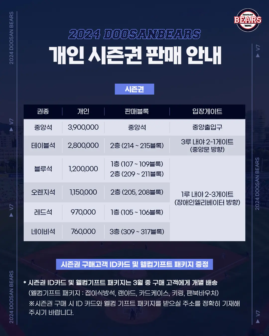 두산베어스 서울 잠실야구장 홈경기 개인 시즌권 판매기간, 구매방법 등 판매 안내