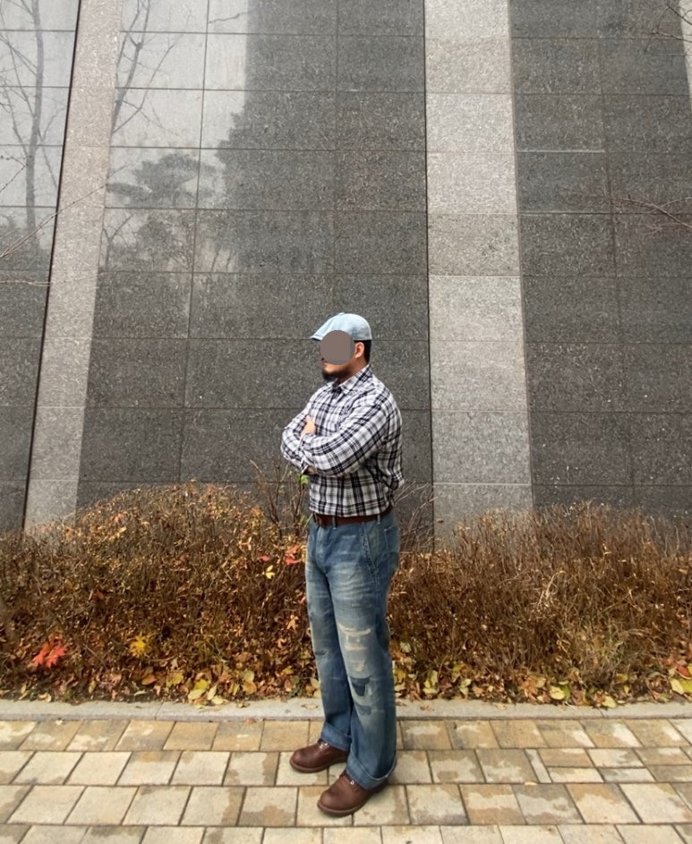 데일리룩('25. 11. 25.)유니버셜케미스트리 데님워싱 베레모 헌팅캡, 스탠다드에러 미스티 포켓 체크셔츠, 레드윙 아이언레인저 앰버하니스, 폴로랄프로렌 빈티지 워싱 청바지 팬츠