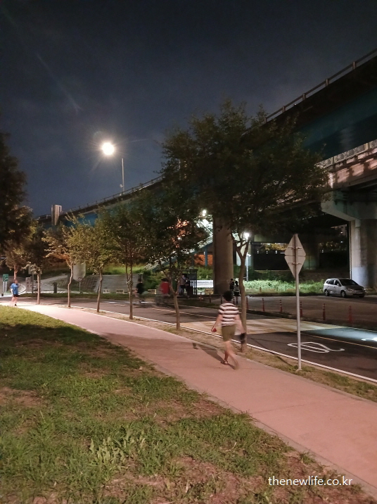 한강공원 교각 아래 산책로에서 빠르게 걷기 운동을 하는 사람들