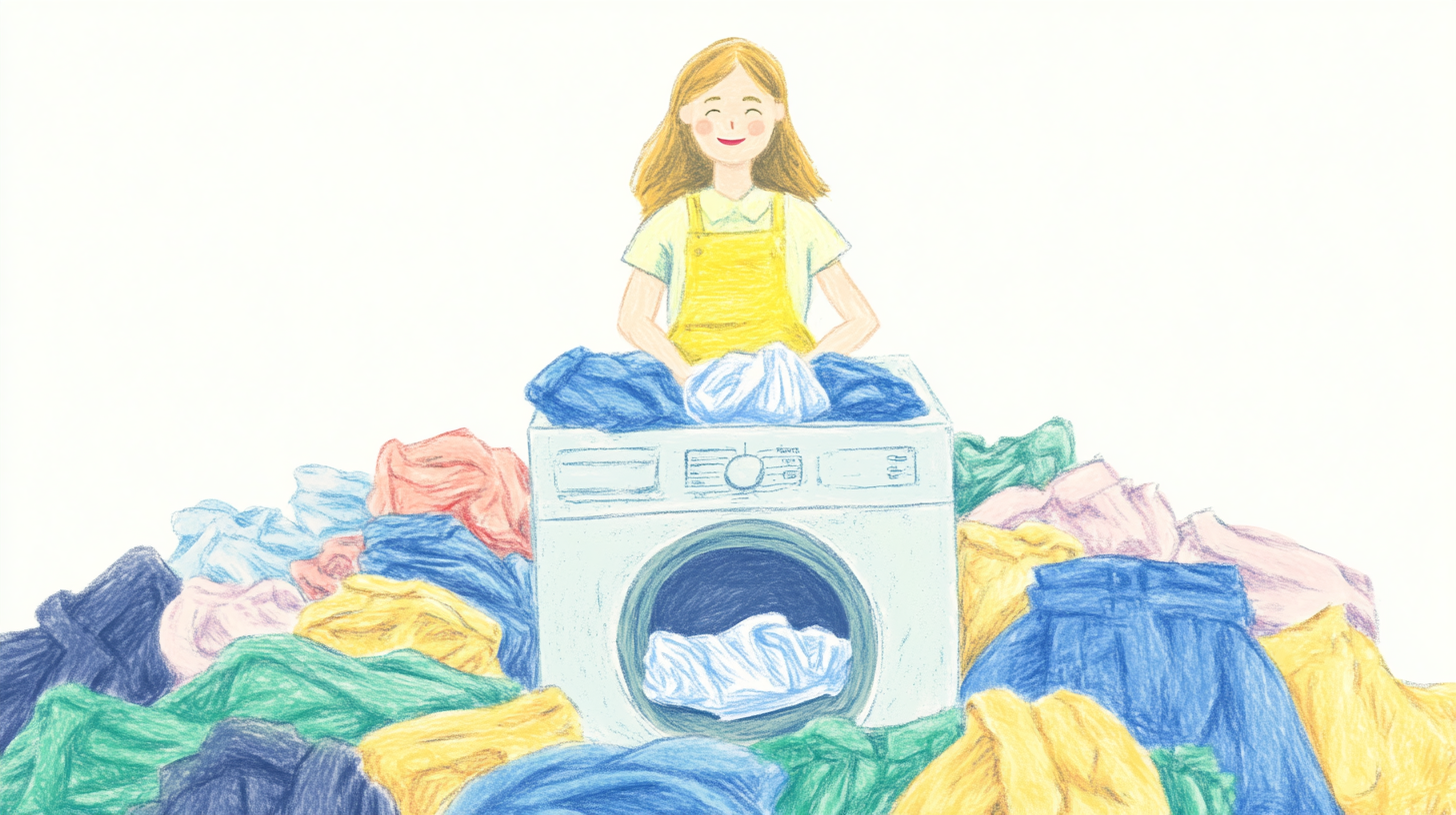 대가족의 오염된 옷이 깨끗하게 세탁된 후, 세탁기 앞에서 웃고 있는 주부의 모습