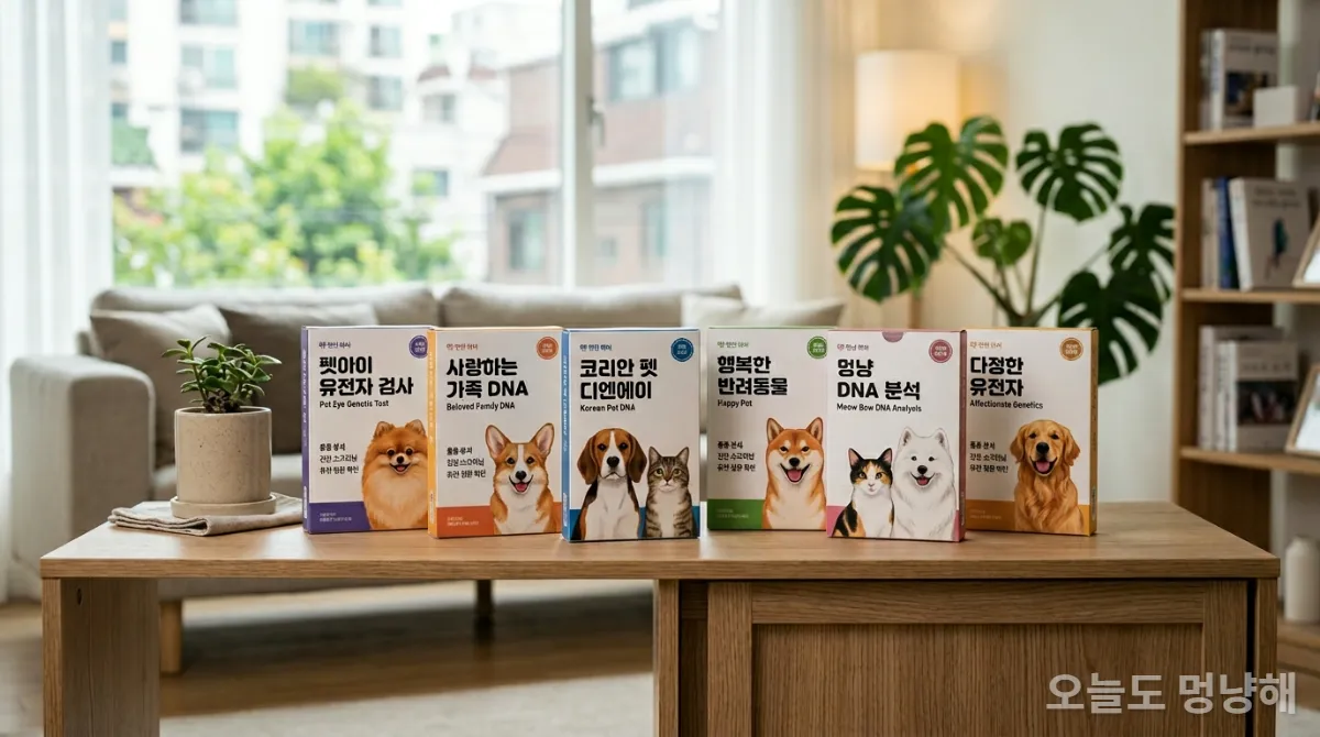 다양한 반려동물 유전자 검사 키트가 진열된 모습