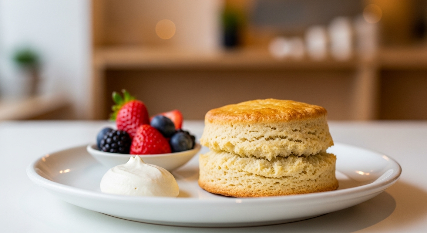 신선한 베리와 식물성 크림이 곁들여진 먹음직스러운 비건 스콘.