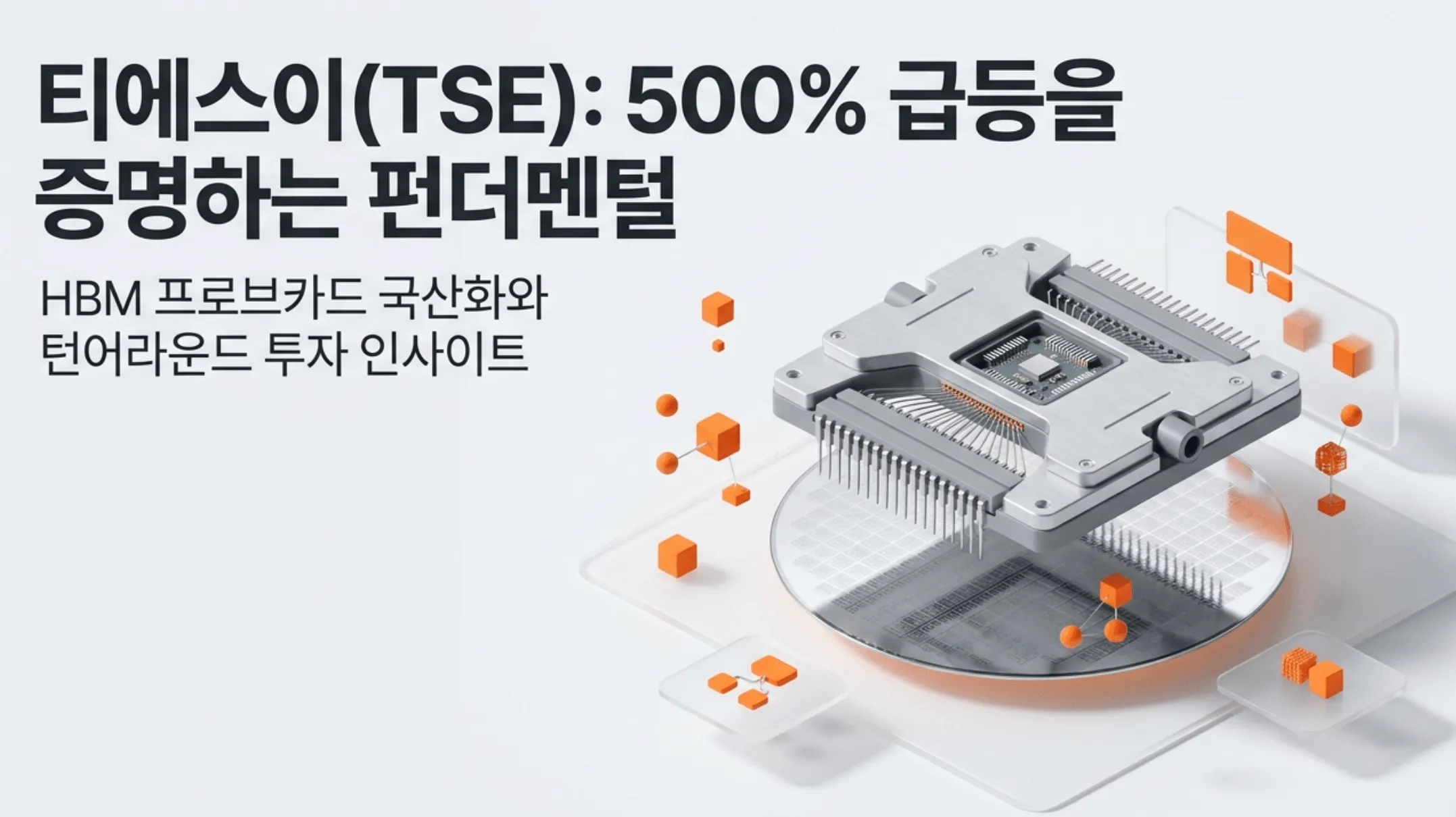 티에스이 주가전망 대표이미지로, HBM 프로브카드 국산화와 실적 턴어라운드를 시각화한 배너. 웨이퍼 위 프로브카드 검사 장면과 함께 '티에스이(TSE) 500% 급등을 증명하는 펀더멘털' 문구가 담겨 있으며, 프로브카드 본업 성장과 목표주가 등 티에스이 주가 전망 핵심 내용을 설명함