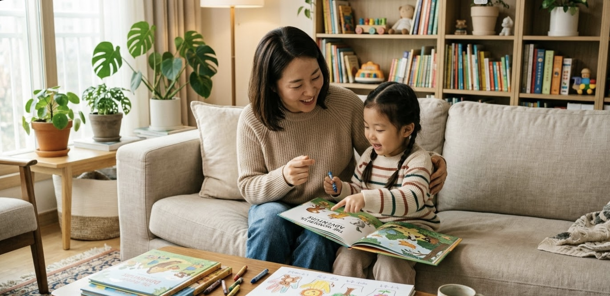 아늑한 거실에서 엄마와 함께 그림책을 보며 손바닥 그리기 활동을 통해 문해력을 키우는 5세 아이의 모습