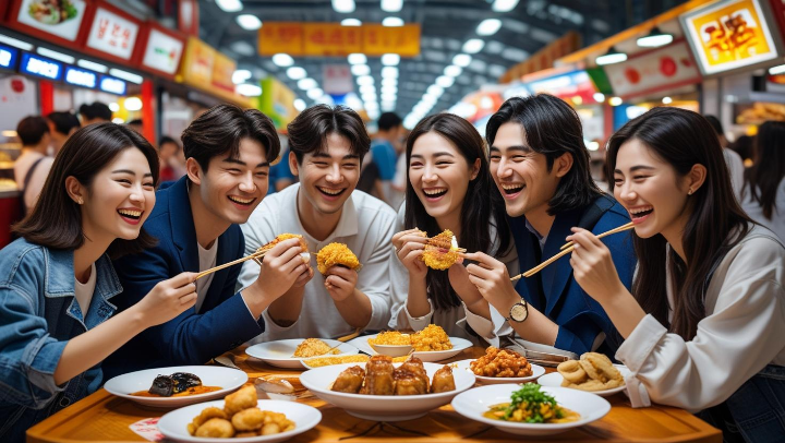 엑스포 내 푸드 코트에서 젊은이 들이 즐겁게 음식을 먹고 있다.