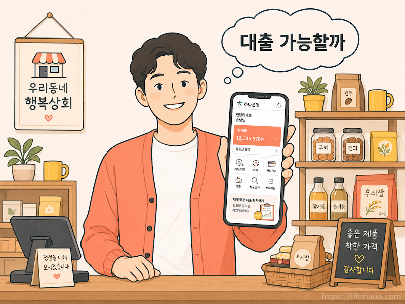 자금 조달을 위해 지역신용보증재단 앱을 확인하며 미소 짓는 소상공인 사장님의 모습 일러스트
