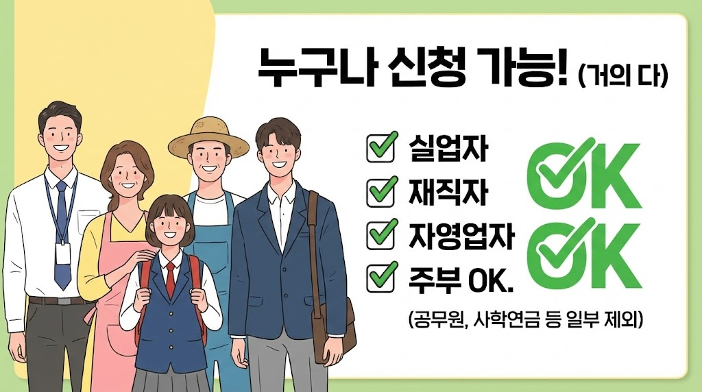 다양한 직업군의 사람들이 함께 있는 따뜻한 일러스트를 배경으로 사용하여, 누구나 쉽게 신청할 수 있다는 긍정적인 메시지를 시각적으로 표현했습니다.