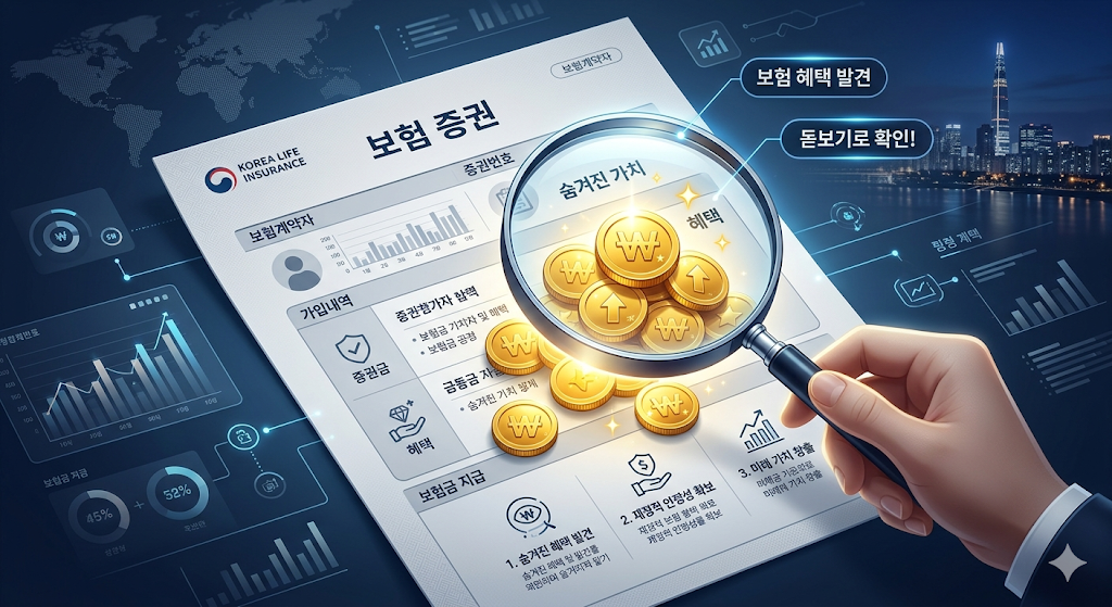 돋보기로 보험 증권 위를 비추자 숨겨져 있던 금동전들이 나타나는 세련된 금융 인포그래픽 이미지