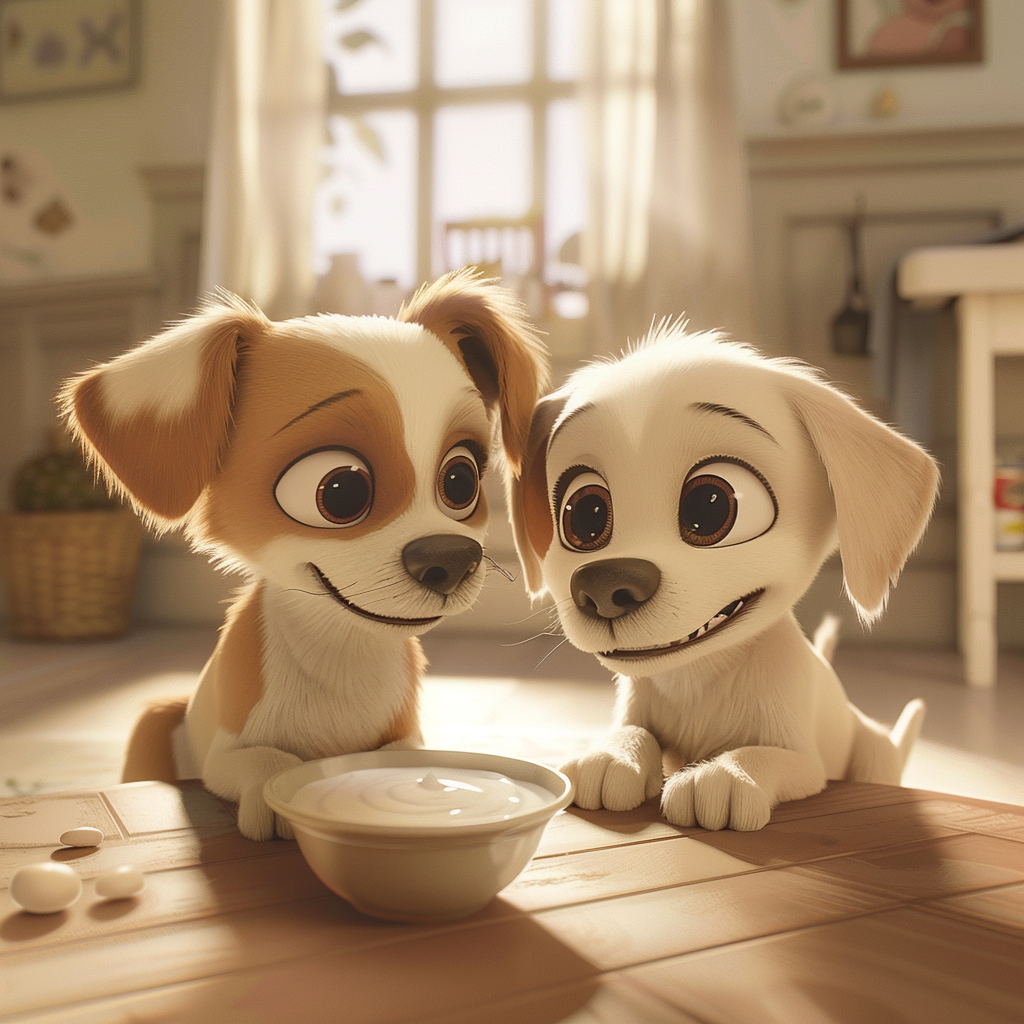 요거트를 바라보는 귀여운 강아지들, 픽사형 일러스트