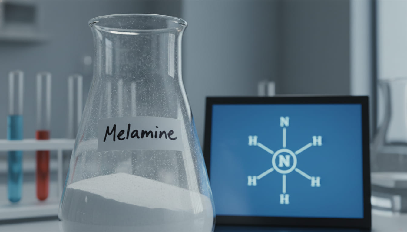 질소 원자 표기와 함께 '멜라민' 라벨이 붙은 흰색 가루가 담긴 비커, 분유 성분 조작의 위험성 암시