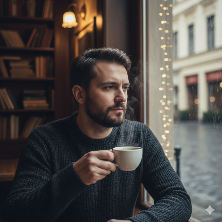 사색하는 듯한 분위기의 인물 이미지