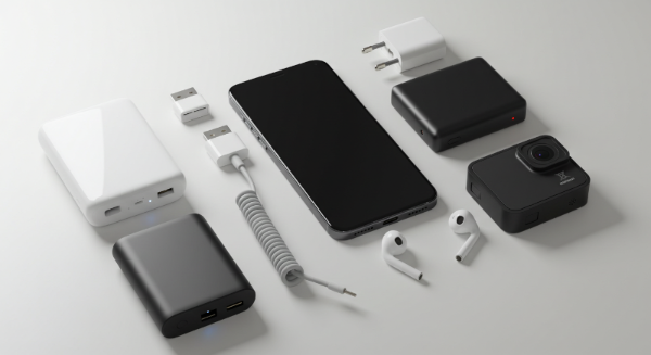 스마트폰, 보조배터리, 멀티어댑터 등 필수 전자기기 모음