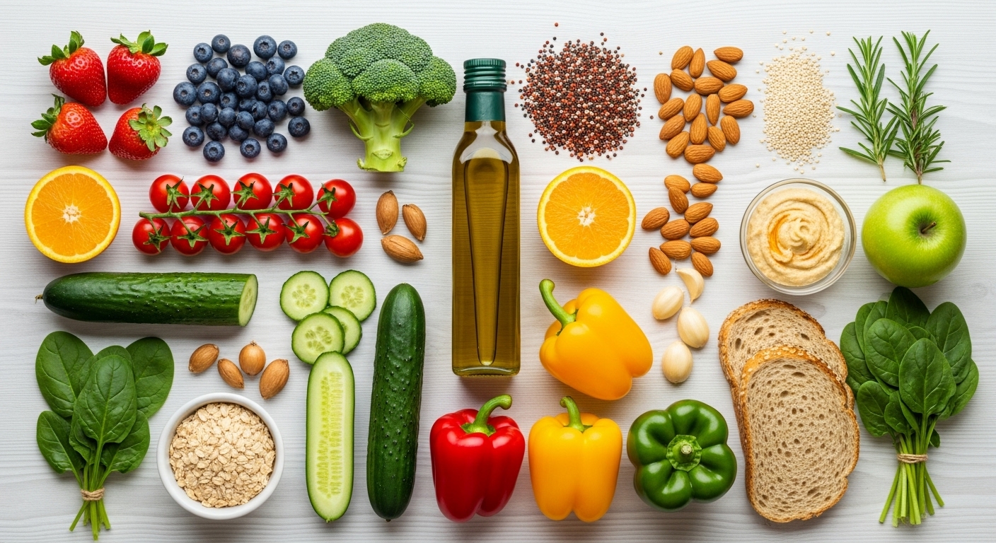 신선한 과일, 채소, 통곡물, 그리고 올리브오일 병이 정갈하게 놓여 있는 상큼한 플랫 레이 이미지. 건강하고 균형 잡힌 식단을 나타냅니다.