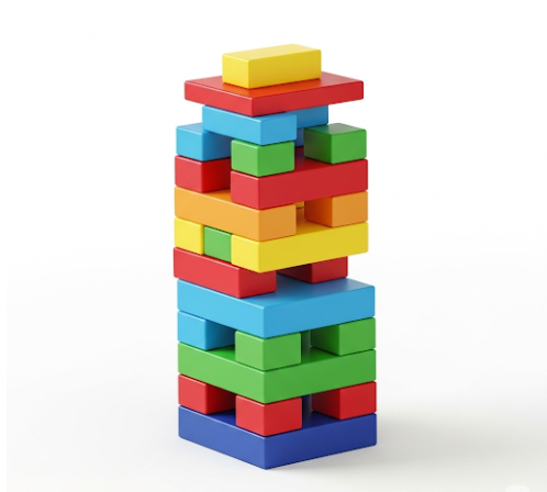 다양한 크기와 색깔의 블록들이 조화롭게 쌓여 튼튼한 탑을 이루고 있는 모습. 각 블록은 다른 자산군을 상징하며, 탑은 안정적인 포트폴리오를 의미함을 표시