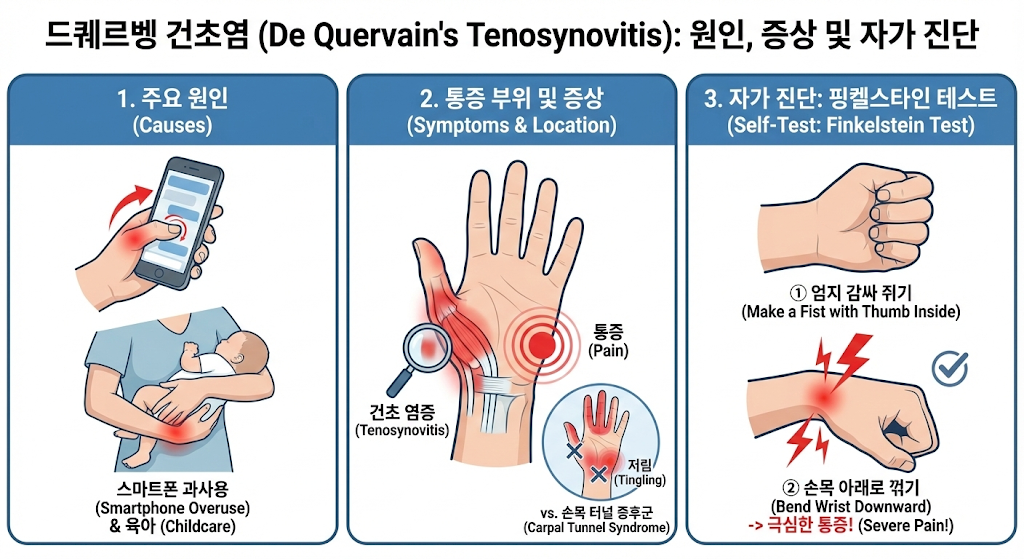 스마트폰과 육아로 인한 엄지손가락 손목 통증 (핑켈스타인 테스트)