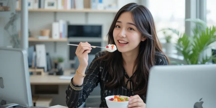 책상에서 그릭요거트 먹는 여성