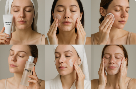 세안 후 기초관리 하고 있는 여성 사진