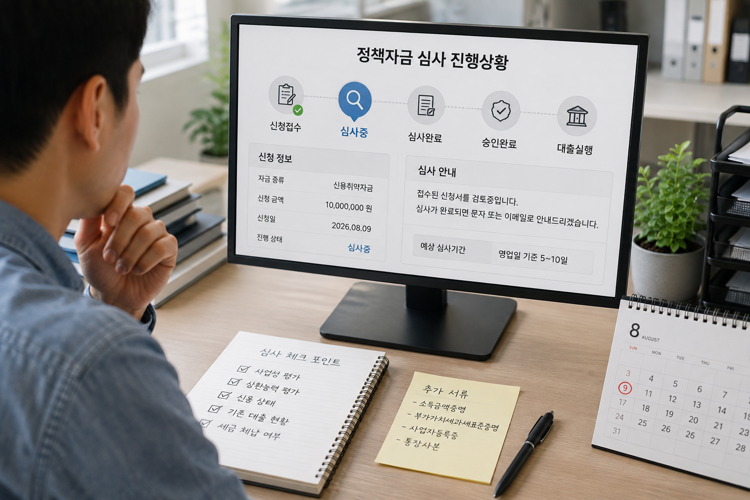 저신용 소상공인이 정부지원 정책자금 신청 후 심사 진행상황을 확인하는 모습