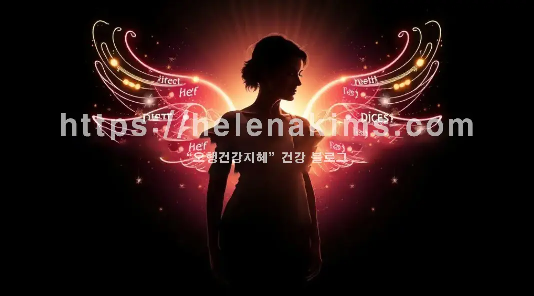 어두운 배경 속, 나잇살 고민을 상징하는 중년 여성의 실루엣이 중앙에 있고, 몸통 부분의 불균형한 곡선은 나잇살의 어려움을 표현하며, 그 위로 밝고 활기찬 빛이 퍼져나가며 '식단', '운동', '건강'을 나타내는 패턴들의 이미지.