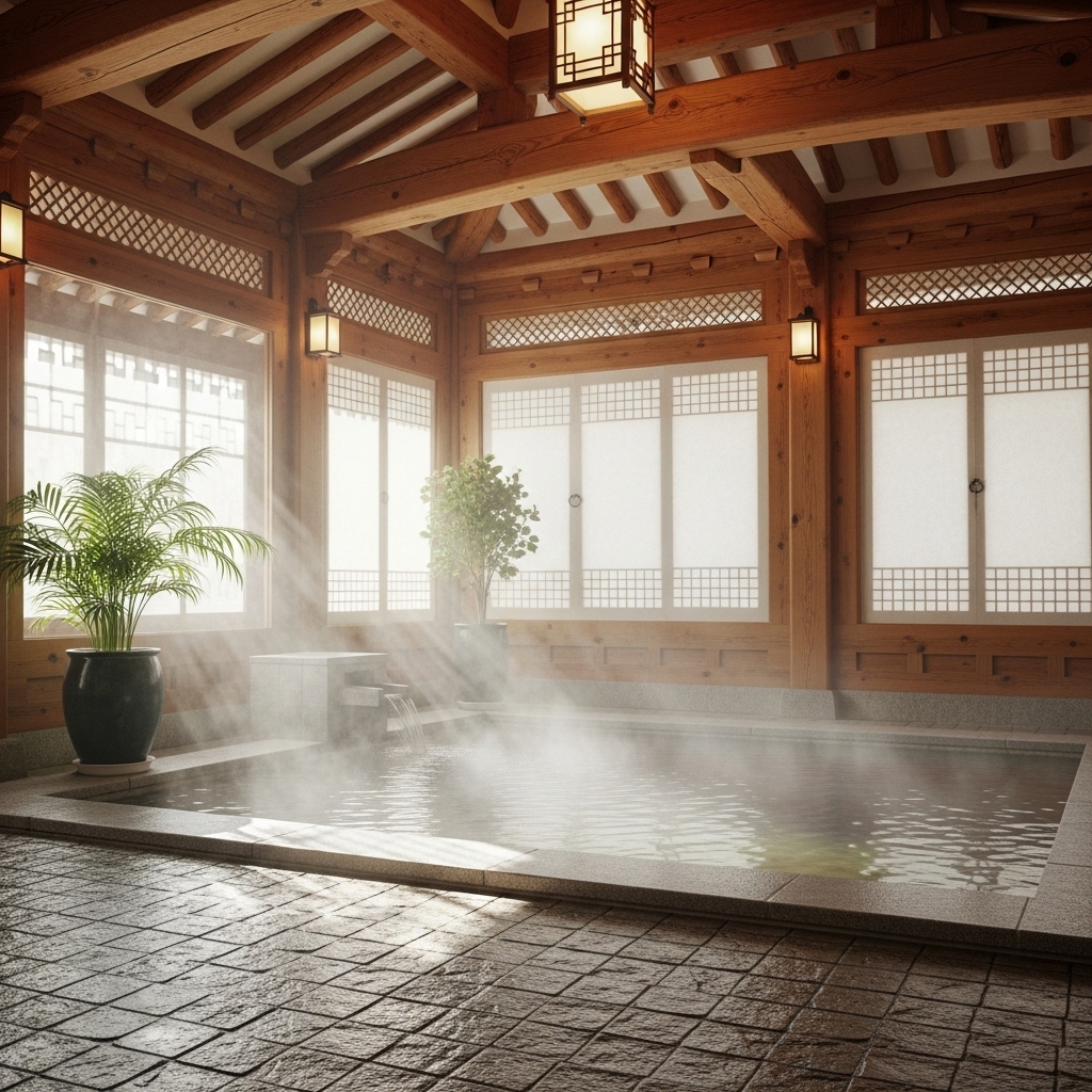 역사 깊은 아산 온양온천의 전통적인 실내 온천탕. 따뜻한 물에서 김이 피어오르고, 고즈넉한 한옥식 인테리어가 돋보입니다.3