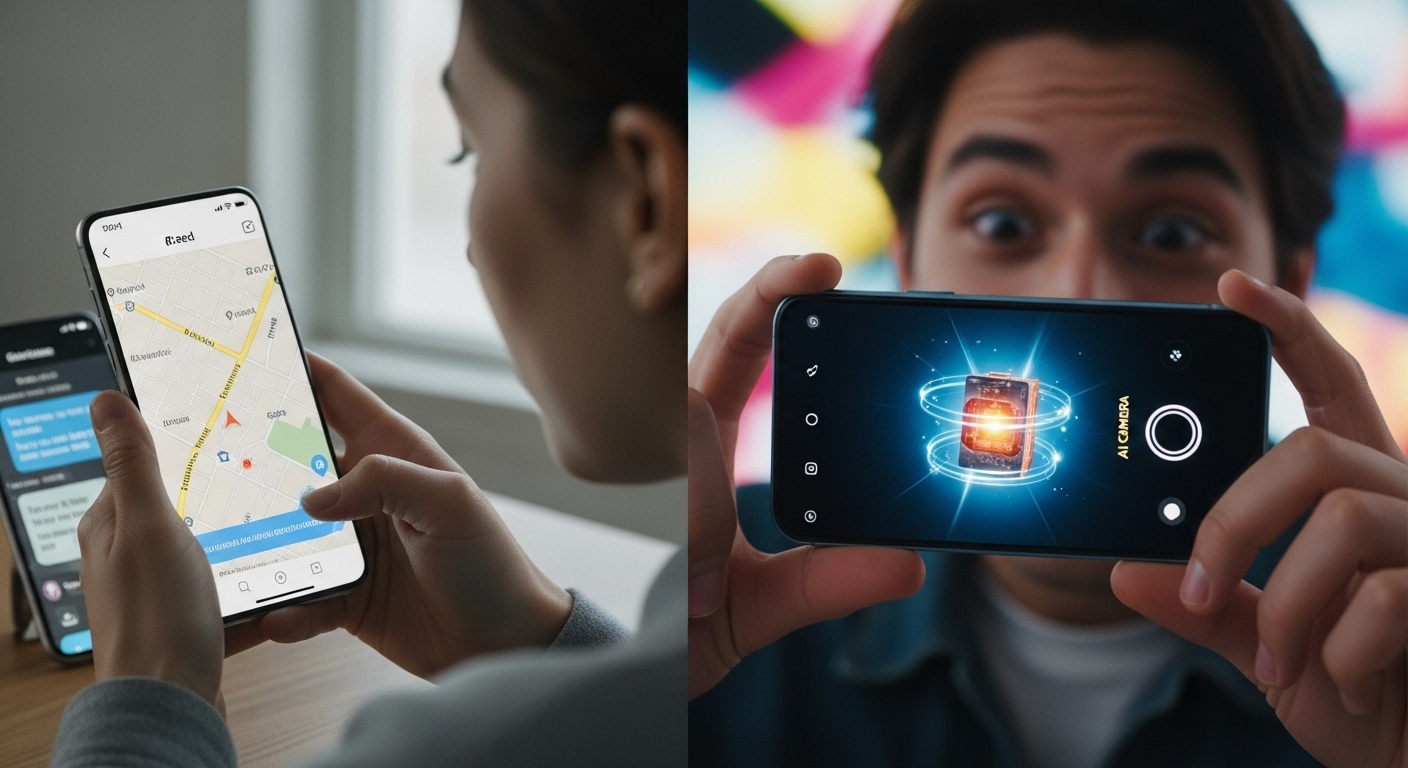 필수 기능과 최신 AI 기능을 사용하는 모습을 비교하며 필요와 욕구를 저울질하는 이미지