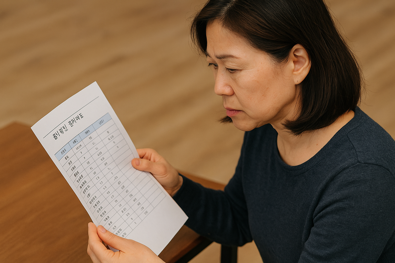건강검진 결과지를 들여다보며 수치를 확인하는 중년 여성의 모습