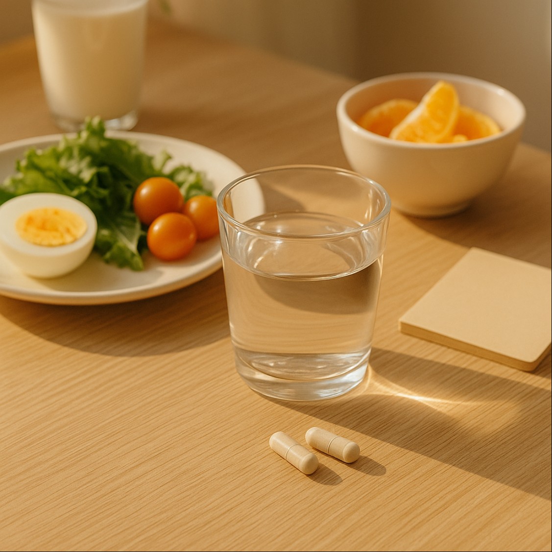 식탁 위 영양제와 물컵으로 시작하는 건강한 아침 루틴, 간 건강과 피로 회복을 돕는 일상 이미지