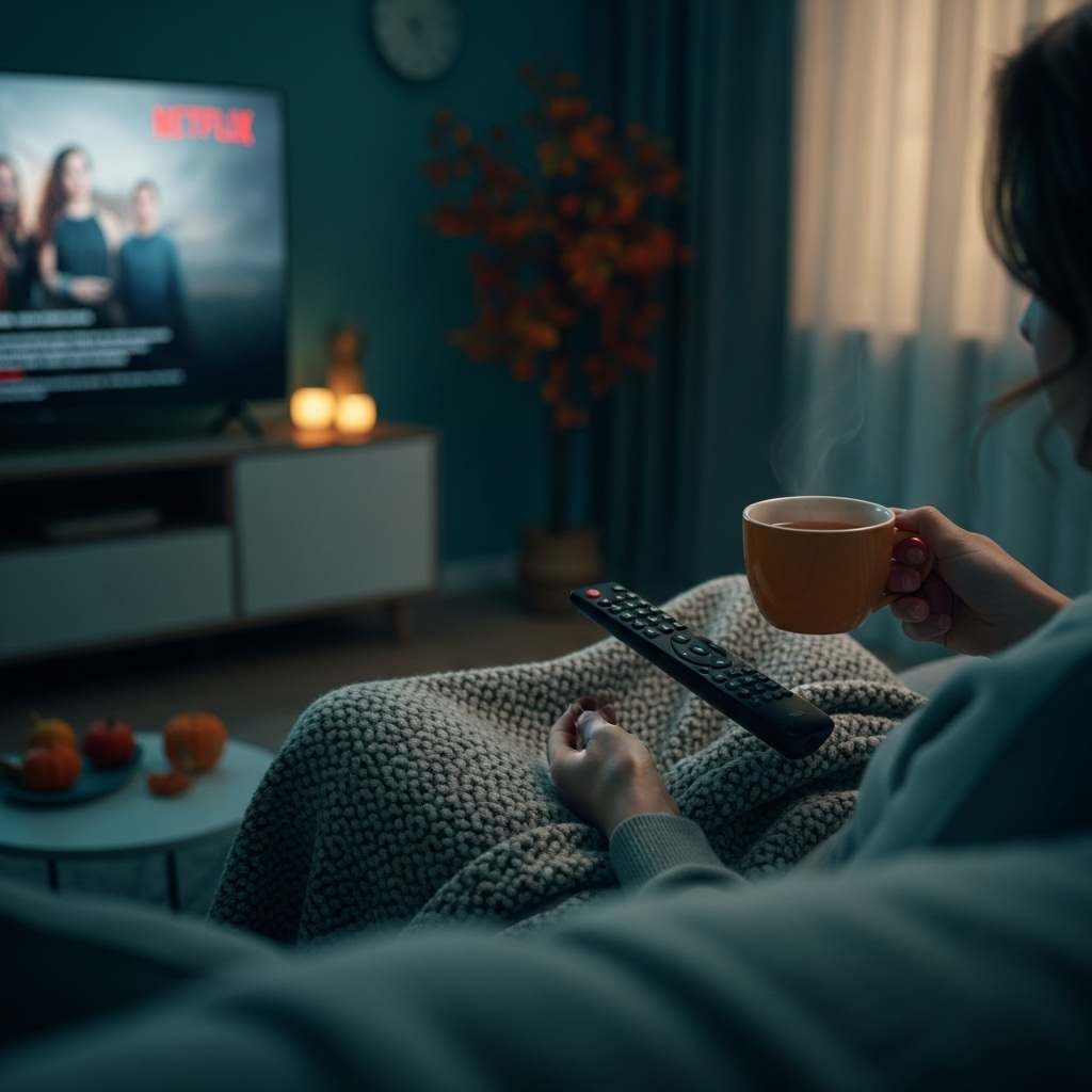포근한 담요를 덮고 차를 마시며 넷플릭스를 정주행하는 사람의 모습. 혼자만의 시간을 즐기는 평화로운 분위기.
