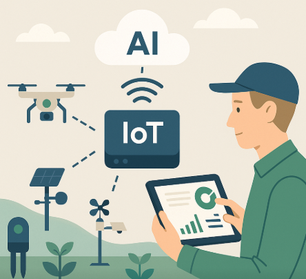 농업 IoT 게이트웨이를 표현한 인포그래픽. 토양 센서, 드론, 기상 장비가 데이터를 수집하고, IoT 게이트웨이를 통해 클라우드 AI로 전송되어 농민의 스마트 기기에 시각화되는 과정을 보여주는 이미지.