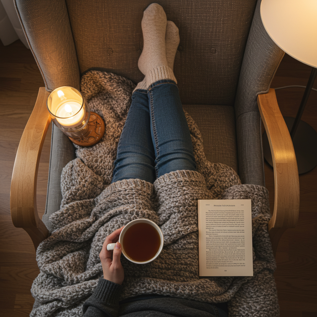 안락의자에 앉아 담요를 덮고 따뜻한 차를 마시며 휴식을 취하는 사람. 스트레스 해소를 상징.