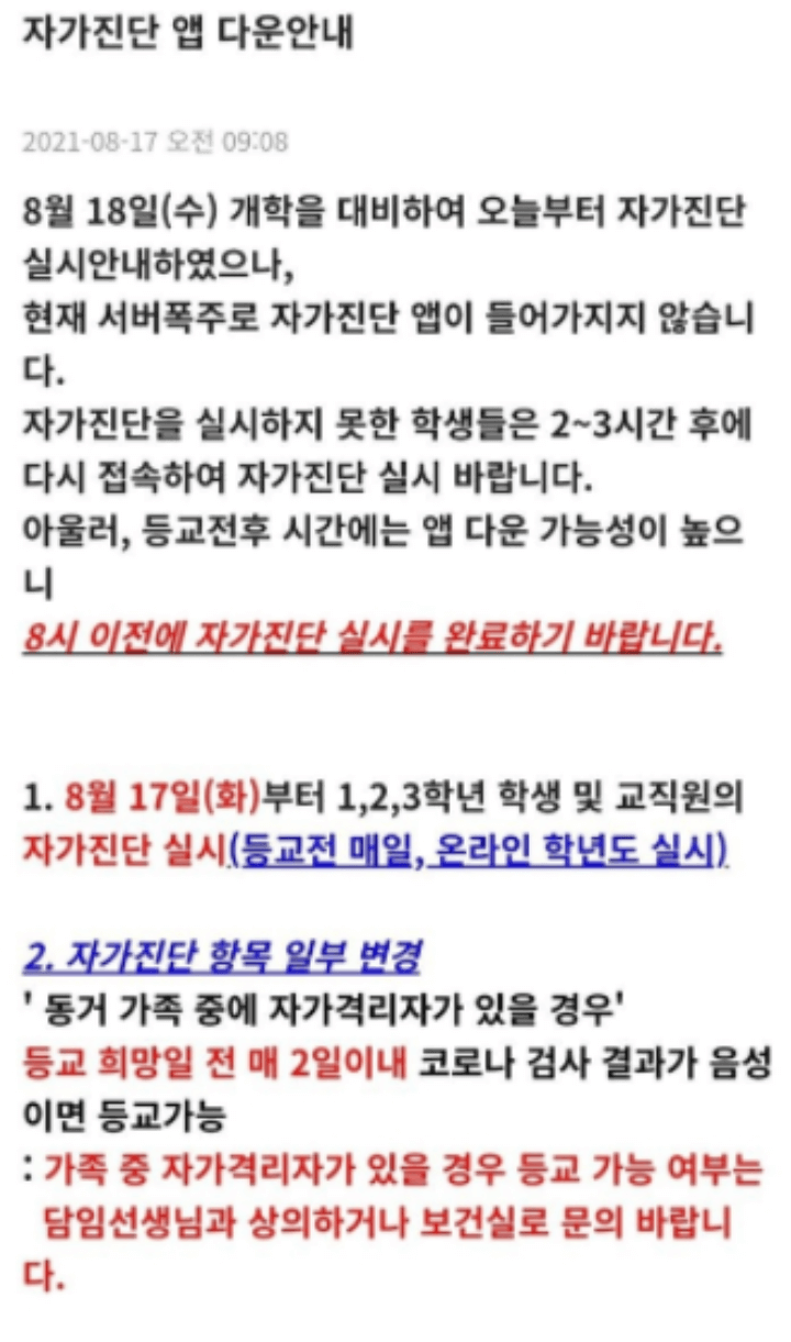 자가진단-어플-먹통-오류-공지사항-화면