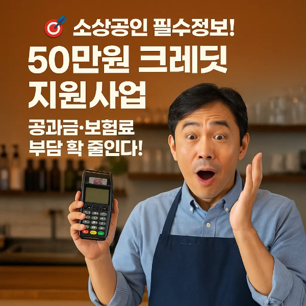 매장에서 카드 단말기를 들고 놀라는 표정을 짓는 한국인 자영업자 남성과 “소상공인 50만원 크레딧 지원사업 ❘ 공과금·보험료 부담 확 줄인다!” 텍스트 이미지