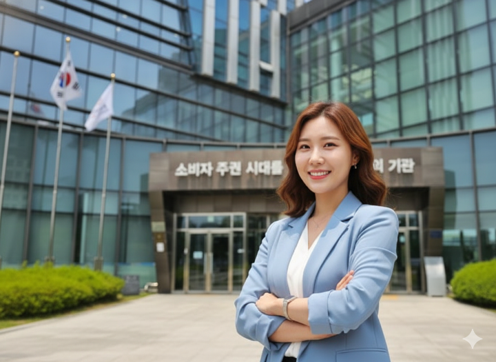 한국소비자원 건물을 배경으로 소비자가 미소를 지으며 안심하는 모습