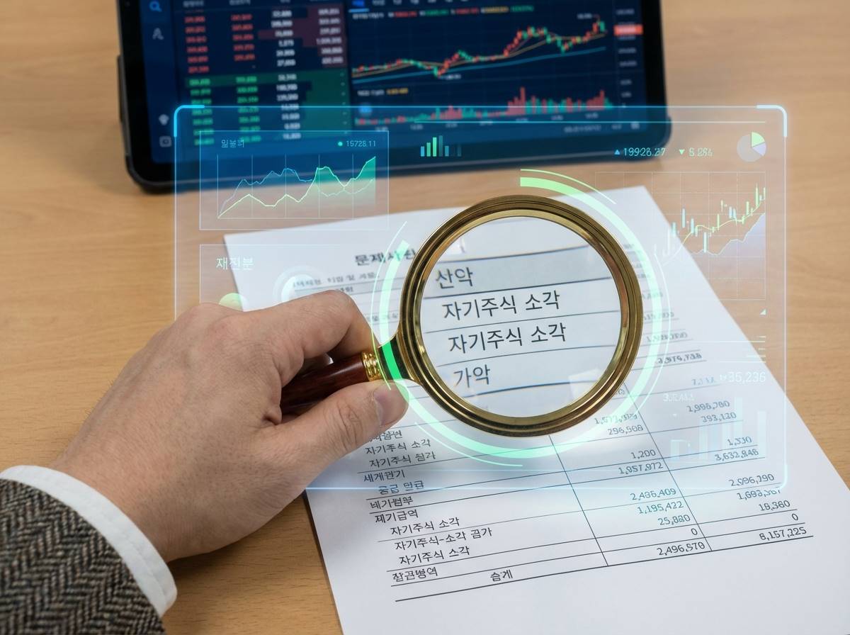 돋보기를 들고 재무제표의 '자기주식 소각' 항목을 면밀히 검토하는 투자자의 손과 디지털 데이터 레이어