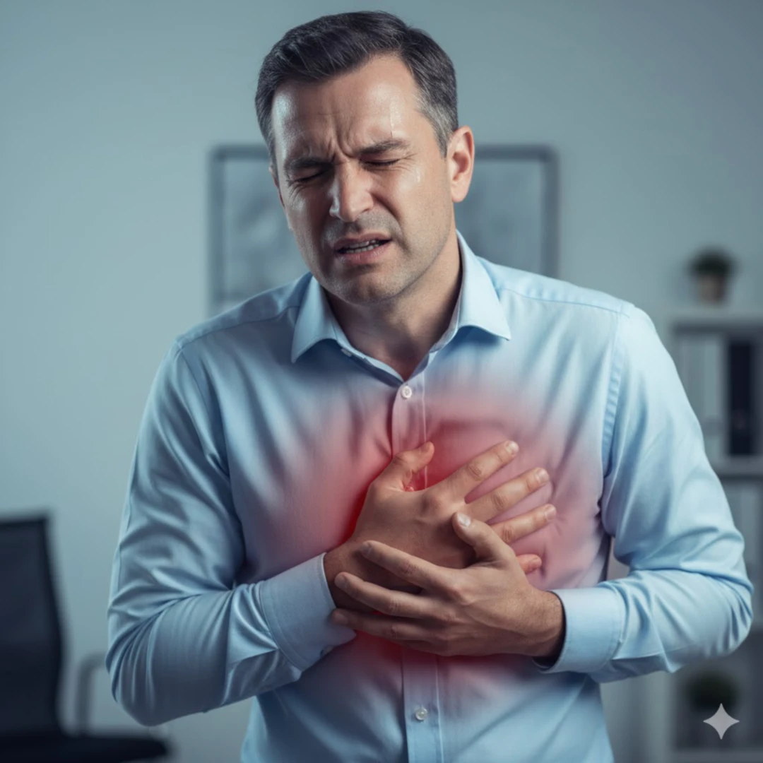 한 남성 또는 여성이 가슴을 움켜쥐고 고통스러워하는 모습의 반신 사진입니다. 얼굴은 통증으로 인해 찡그려져 있으며, 식은땀을 흘리는 듯한 연출을 더합니다. 가슴 부위는 붉은색이나 어두운 그림자로 강조하여 통증의 강도를 시각적으로 표현합니다. 배경은 약간 흐릿하게 처리하여 인물에 집중하게 합니다.