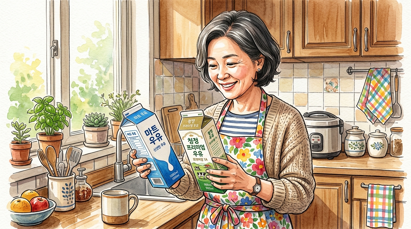 PB우유와 브랜드 우유를 양손에 들고 성분을 비교하고 있는 중년의 여성 모습.