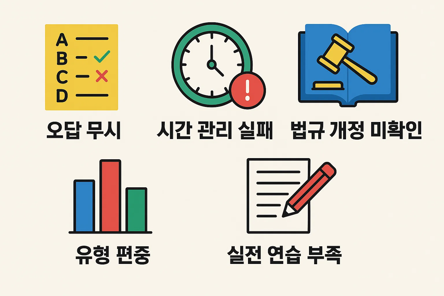 운전면허 필기시험에서 오답 무시, 시간 관리 실패, 법규 개정 미확인, 유형 편중, 실전 연습 부족 등 자주 하는 실수를 보여주고 대비할 수 있는 가이드 인포그래픽