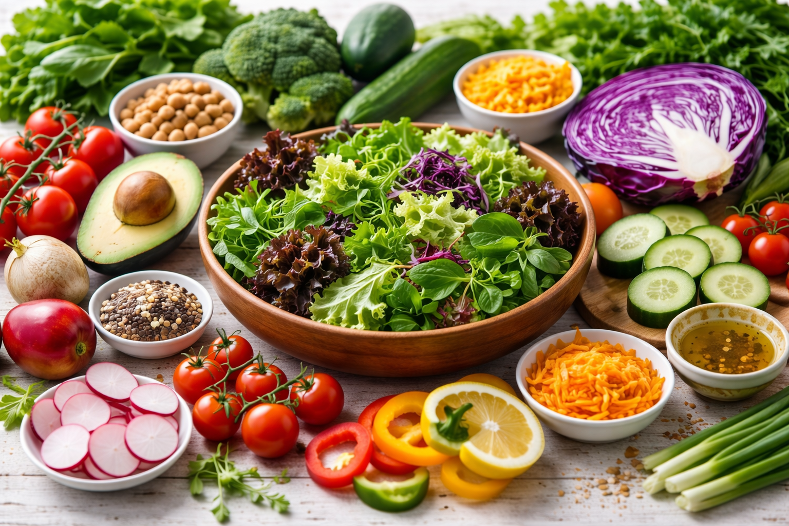 여러 종류의 잎채소와 야채가 함께 놓인 샐러드 재료 이미지