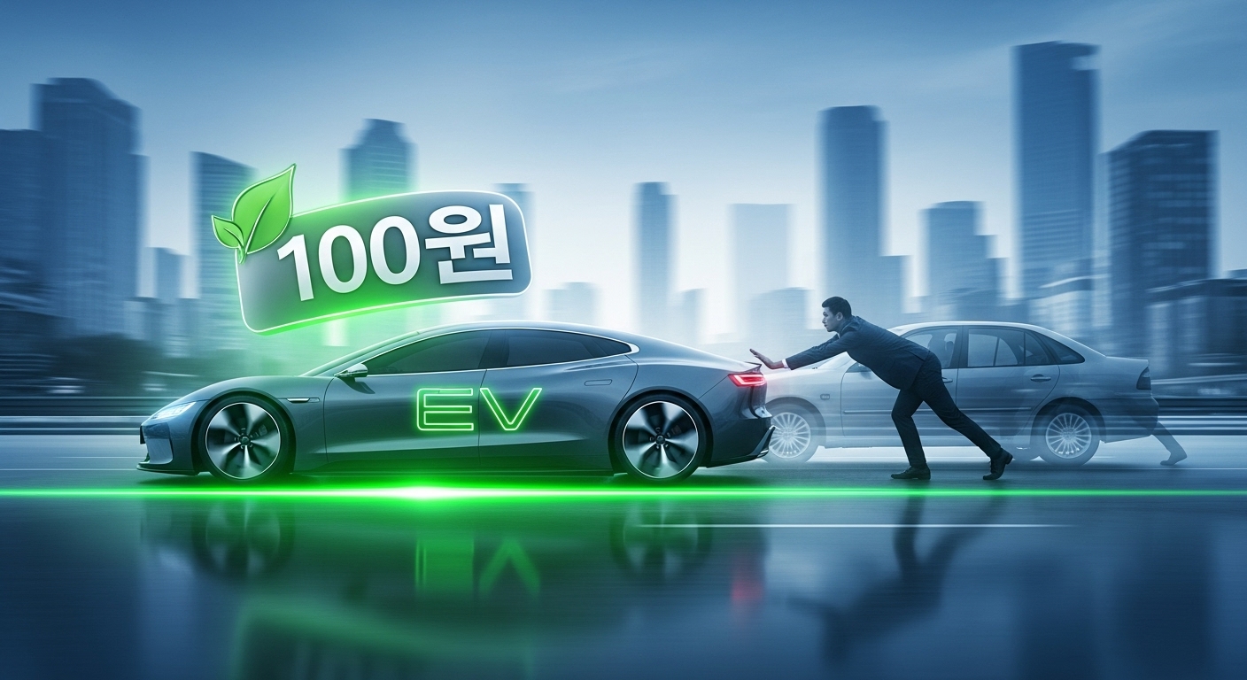 2026년 개편된 전기차 보조금 혜택을 상징하는 이미지. 내연차를 팔고 전기차를 구매하면 100만원 추가 보조금을 받는 친환경 전환을 보여줍니다.