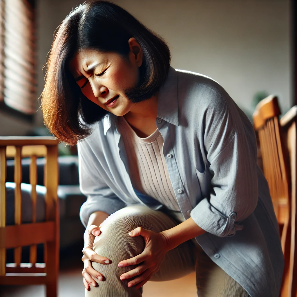 무릎 구부릴 때 아파하는 중년여성