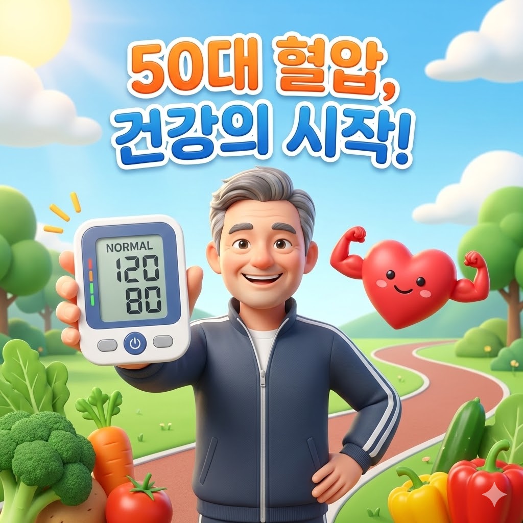 50대 혈압 정상 범위를 유지하며 활기찬 생활을 하는 사람을 묘사한 3D 카툰 일러스트.