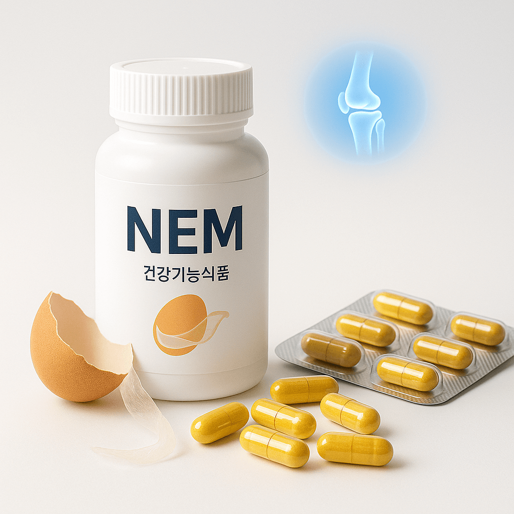 관절 건강을 위한 보충제와 투명한 캡슐 형태의 영양제