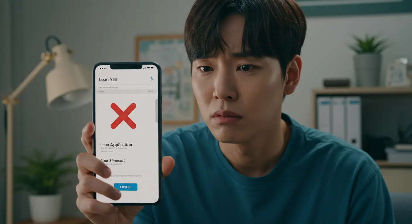 스마트폰 신용대출 신청 중 소득정보 오류 메시지를 보고 답답해하는 한국인 사용자