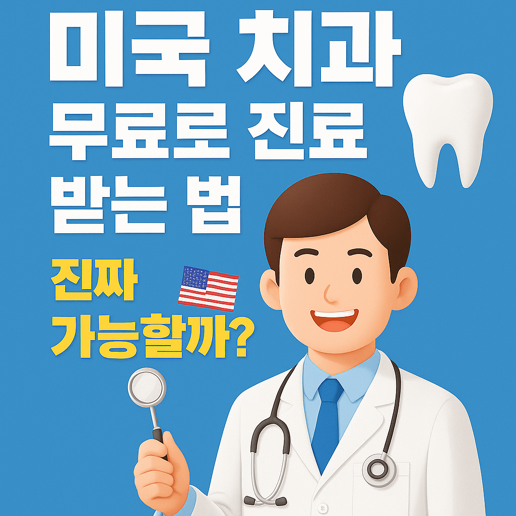 미국 치과 무료로 진료 받는 법 ( 남성의 일러스트와 치아모양의 그림이 있다)