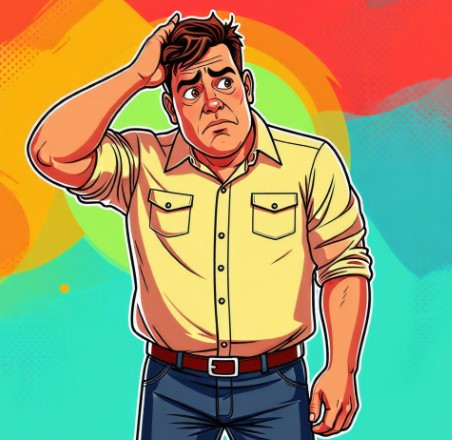 복부비만의 40대 남성이 걱정스러운 표정으로 서 있는 모습입니다.