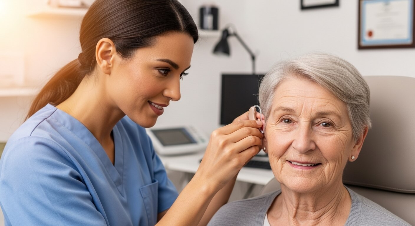 간호사가 고령 여성의 귀에 보청기를 착용해 주는 모습